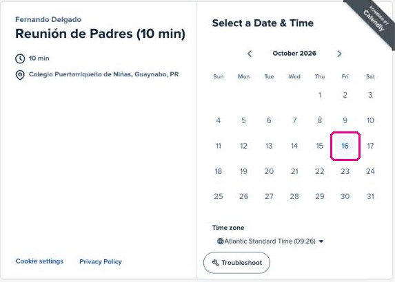Calendario de citas con el 16 de octubre resaltado