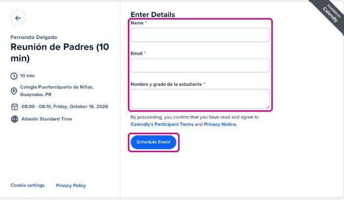 Formulario con nombre, correo, nombre de la estudiante y el botón Schedule Event